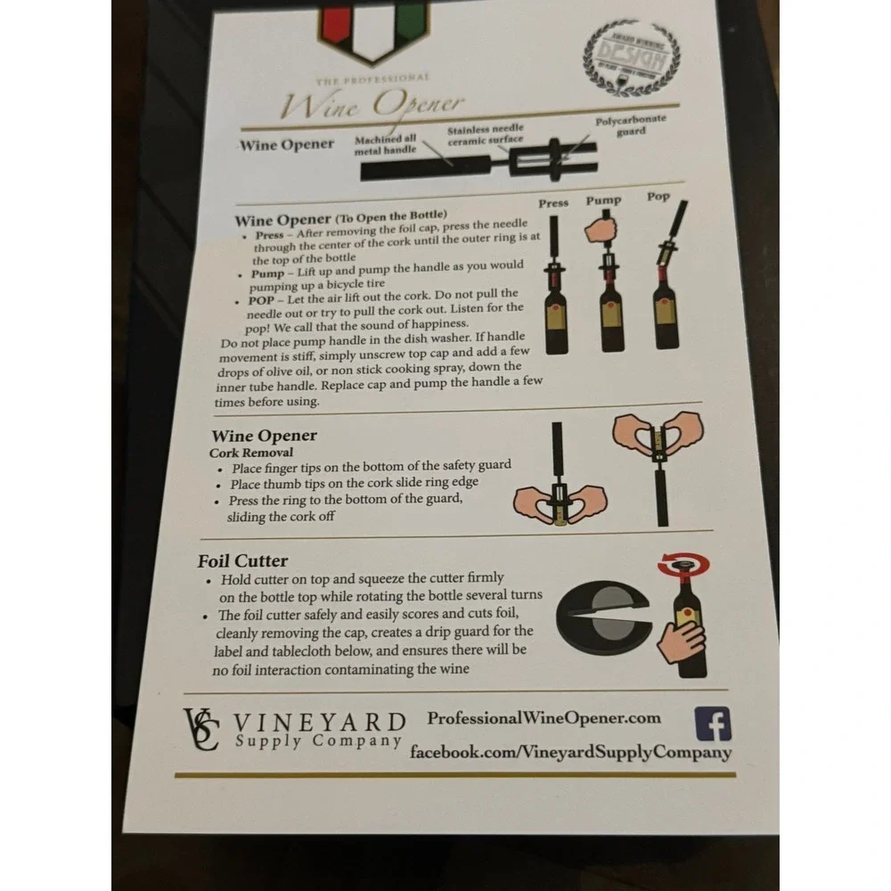 Vineyard Supply Co Professional Wine Opener Set‎ Air Pump Foil Cutter Aerator